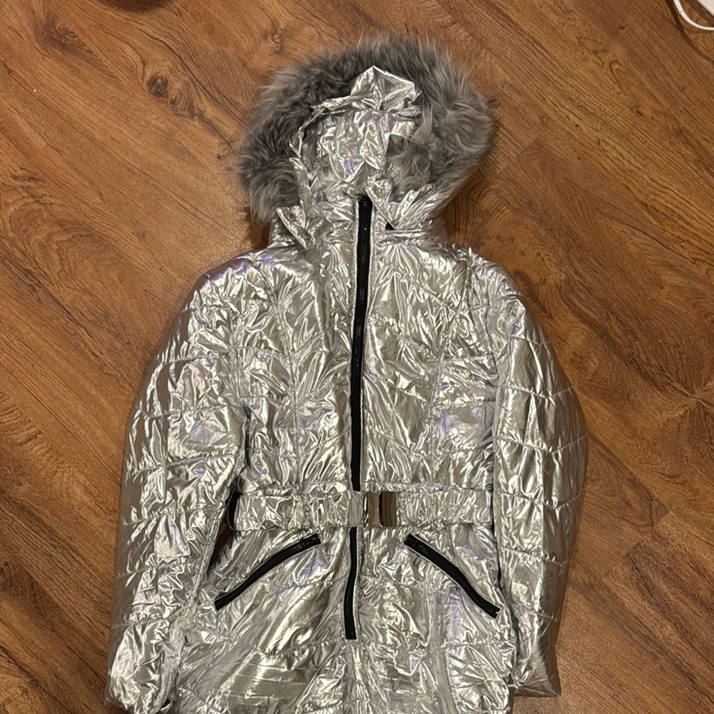 Silver Metallic Women's Snow Suit with Faux Fur Hood